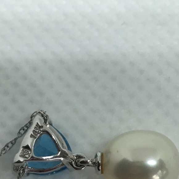 14k real solid white gold and mothers pearl and sapphire necklace - Picture 3 of 6